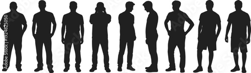 Set of men silhouettes in various standing poses, diverse male figures in casual and athletic wear on white background