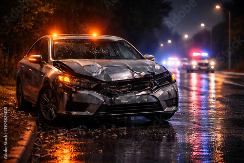 A damaged vehicle on the side of the road, scene of accident at night. Police car with flashing lights approaches