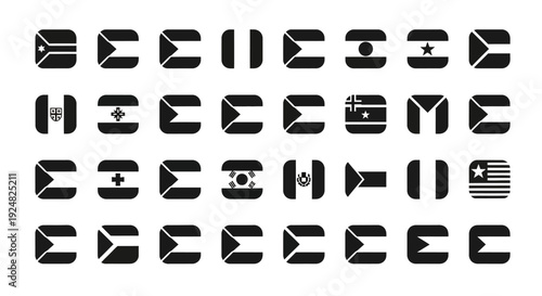 Collection of International Flags Icons - Black and White Square Design