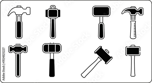Collection of illustrated hammers and mallets in black and white