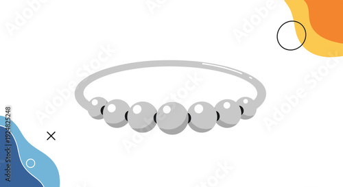 Elegant silver bracelet featuring a string of round white pearls against a decorative background with abstract geometric shapes.