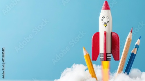 Wallpaper Mural Colorful rocket launching from fluffy clouds with vibrant pencils representing creativity and innovation in education and art for kids and adults Torontodigital.ca
