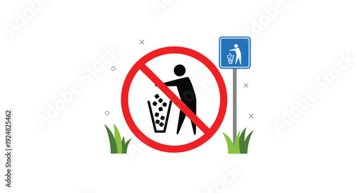 Prohibition sign with a red circle and slash over a person littering into a trash can icon.