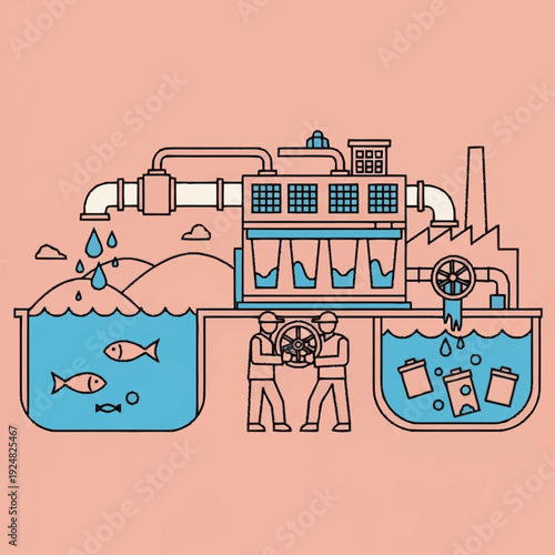 Industrial water treatment process illustration with clean and polluted water.