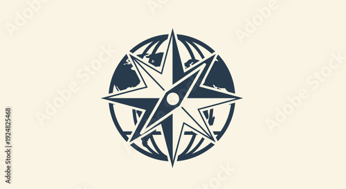 Compass Rose Starburst Icon on Globe Background, Navigation and Exploration Symbol