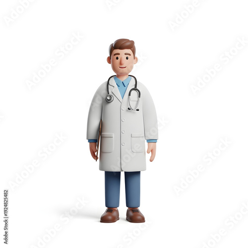3D Doctor Character in Medical Uniform Isolated on white Background | Friendly Male Doctor Cartoon Style with Stethoscope Standing Pose | Healthcare Professional 3D Illustration with Lab Coat and Stet