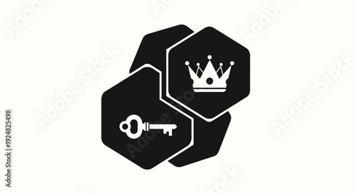 Crown and Key Icons on Hexagons: Success, Access, Strategy, Leadership