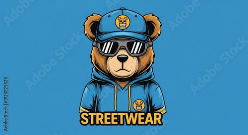 Cool bear in blue streetwear outfit with sunglasses and cap on solid blue background