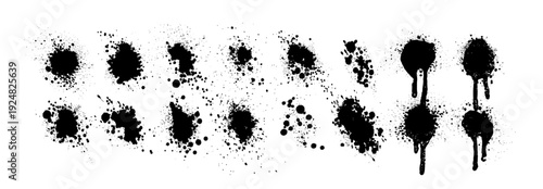 Ink splatter and splash vector set, black paint drops and stains isolated.