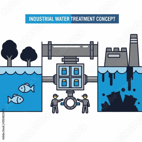 Industrial water treatment process illustration with clean and polluted water.