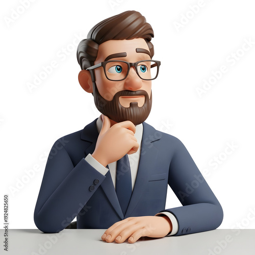 3D Businessman Character Thinking Pose Isolated on white Background | Professional Male Character with Beard in Thoughtful Expression | Cartoon Style Businessman Thinking and Problem Solving Concept
