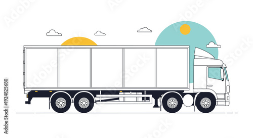 Long white commercial delivery truck with multiple axles shown against a minimalist sun and sky graphic.