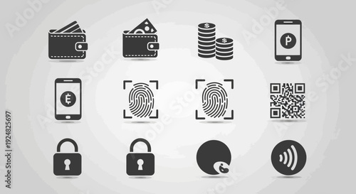 Digital Payment Icons: Wallet, Mobile, Fingerprint, QR Code, Lock, NFC