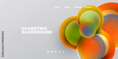 Abstract design features overlapping circles, gradients. Text includes geometric background, navigation options visible. Minimalist aesthetic.