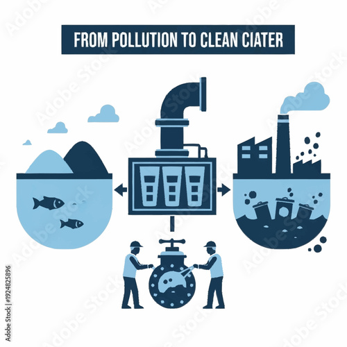 Pollution cleanup process from dirty water to clean water.