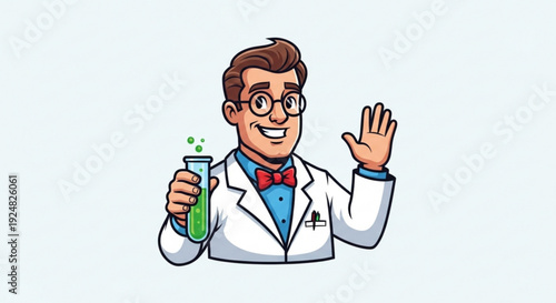 Friendly scientist in lab coat holding green liquid beaker and waving hand in greeting gesture