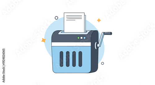 Office paper shredder illustration showing document destruction for security and data privacy protection in a business setting.