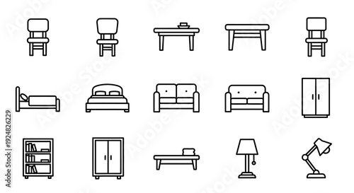 Flat Design Furniture Icons Set: Chairs, Tables, Beds, Sofas, Wardrobes, Lamps