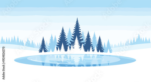 Serene winter landscape illustration featuring a frozen pond surrounded by snow-covered evergreen pine trees under a pale sky.