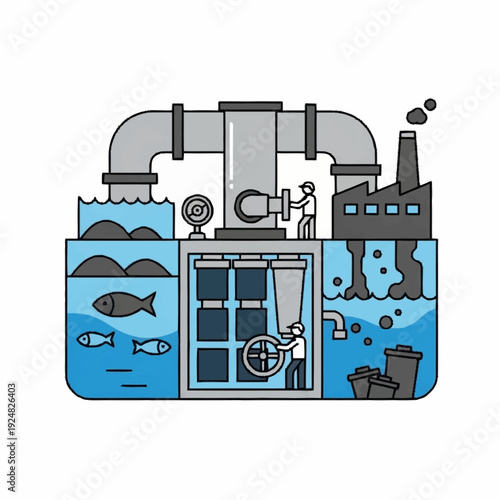 Water Treatment Plant Process Illustration with Pollution and Purification.