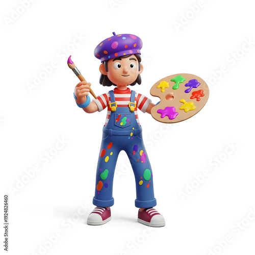 3D Child Artist Character Holding Paintbrush and Palette on White Background | Cartoon Style Kid Painter with Art Supplies Creative Concept | Young Artist Illustration with Paint Palette and Brush 