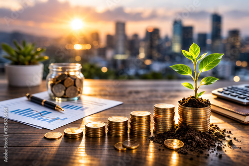 A concept of growing money and investment in business. Money are piling up like a plant grows