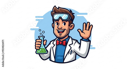 Friendly scientist in lab coat holding beaker with green liquid and waving