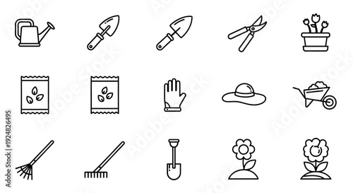 Gardening Tools Icons Set - Vector Illustrations of Planting and Cultivation Equipment