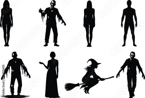 Diverse silhouettes of mythical and legendary humanoid creatures in various poses