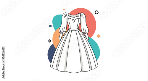Formal white floor-length dress with puffy long sleeves and a V-neckline against a colorful abstract background for gala events.