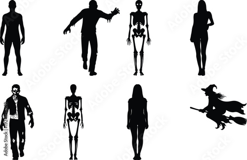 Six silhouettes of people in varied poses and attire against a plain background