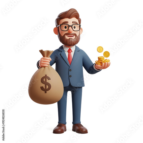 3D Businessman Holding Money Bag and Coins Isolated on White Background | Cartoon Style Male Character with Cash and Wealth Finance Concept