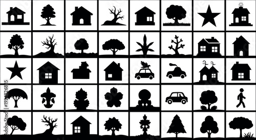 Collection of black silhouette of houses trees stars cars bird and person home nature