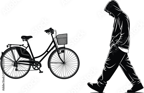 Urban silhouette of hooded man walking past bicycle with basket minimalist black and white vector illustration concept street lifestyle graphic