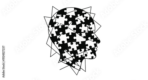 Abstract silhouette of a human head composed of puzzle pieces, symbolizing thought and complexity.