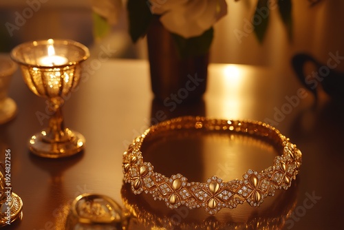 An exquisite 24-carat gold necklace, capturing the shimmering elegance of pure gold, showcasing intricate designs that reflect luxury and craftsmanship.