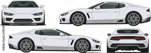 White modern sports car illustration showing front, rear, and side profile views, high performance luxury coupe automotive design
