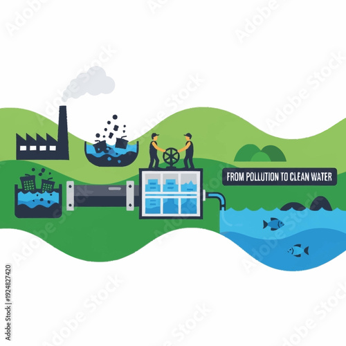 Water Treatment Process from Pollution to Clean Water.