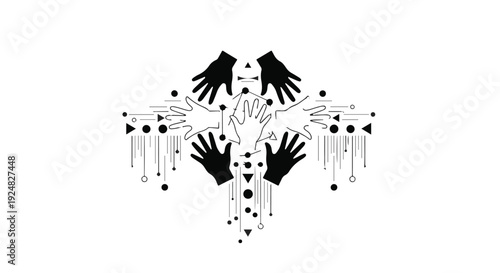 Abstract symmetrical pattern of diverse hands reaching together, symbolizing unity and connection.