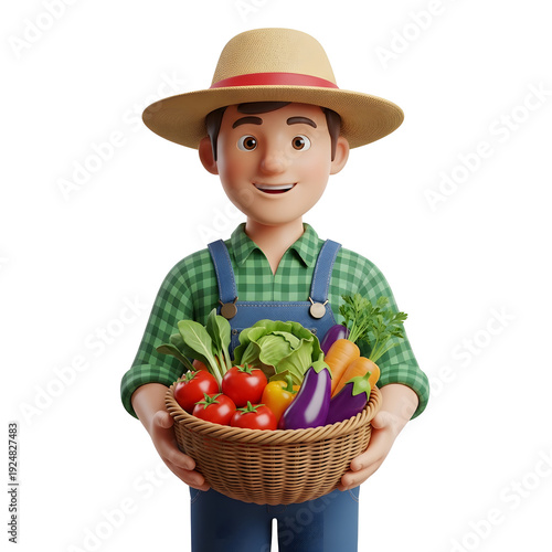 3D Farmer Character Holding Basket of Fresh Vegetables on White Background | Cartoon Style Farmer with Organic Produce Basket Agriculture Concept | Happy Farmer Carrying Fresh Vegetables Basket 