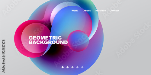 Abstract colorful shapes overlap, creating dynamic visual effect. Text labels present work, about, portfolio, contact options. Dots indicate navigation.