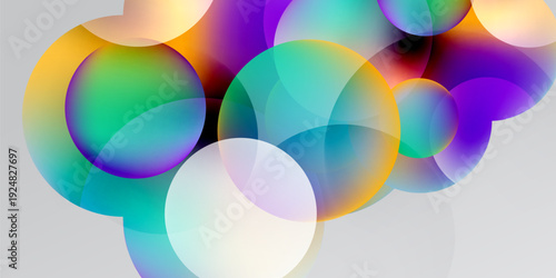 Vibrant overlapping circles create abstract colorful composition. Gradient hues blend, forming dynamic visual texture. Soft light, smooth transitions.