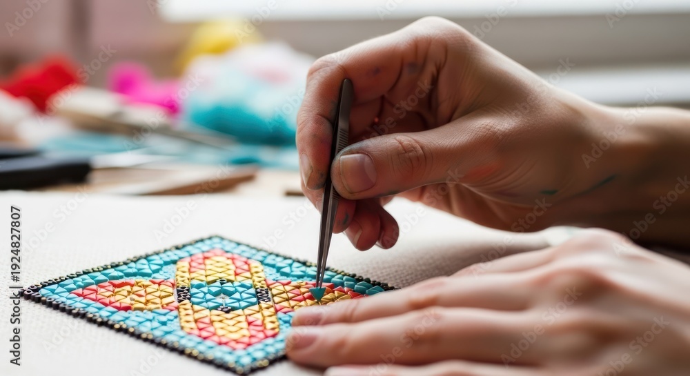 Fototapeta premium Person Engaging in Diamond Painting Hobby Activity.