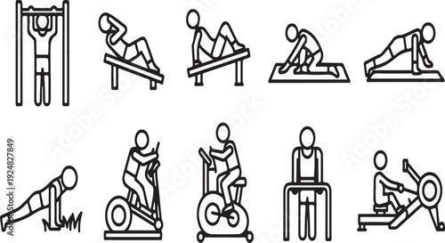 A variety of exercises and equipment for a comprehensive workout routine Vector