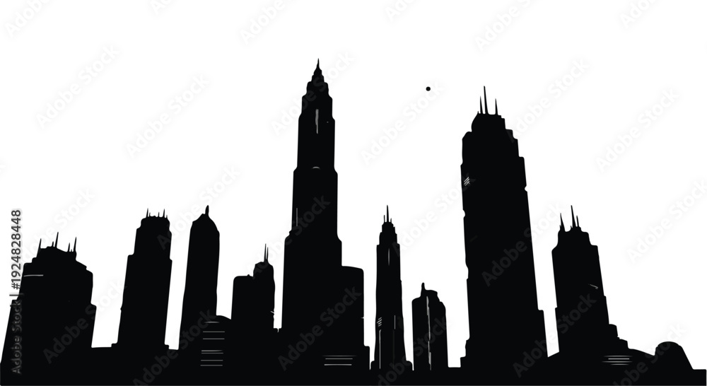 Obraz premium Modern cityscape silhouette at dawn, showcasing towering skyscrapers against a bright sky.