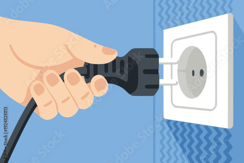hand holding electrical socket plug connection technology flat color vector illustration template design