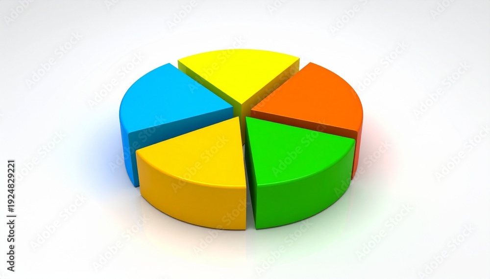 Obraz premium A 3D pie chart with four colorful segments in yellow, blue, orange, and green, set against a clean modern background