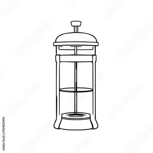 Black line art illustration showing a French press coffee maker on a white background, minimalist vector graphic ideal for coffee shop branding.