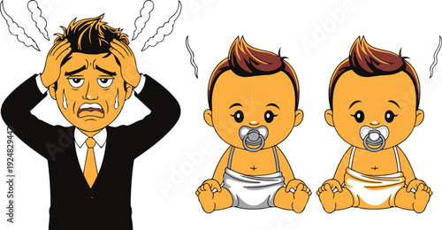 Parenting Stress Cartoon Illustration  Father Overwhelmed with Twin Babies