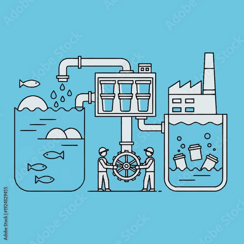 Industrial water pollution treatment process illustration with workers.
